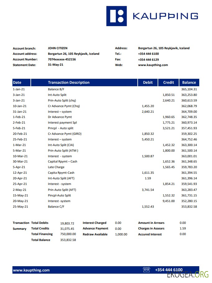 Relevé de la banque Islande Kaupthing, modèle facile à remplir au format Excel et PDF